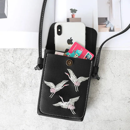 Fashion Bird Embroidery Mobile Phone Bagls for Women Girls Small Crossbody Bags Pu Leather Mini Messenger Bags Ladies Hand Bags