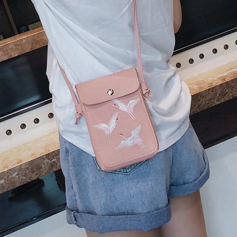 Fashion Bird Embroidery Mobile Phone Bagls for Women Girls Small Crossbody Bags Pu Leather Mini Messenger Bags Ladies Hand Bags