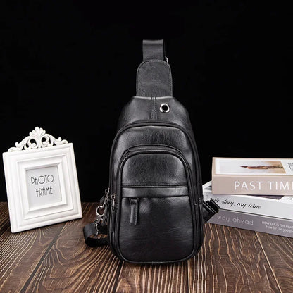 Fashion Black Men's Chest Business Leather Crossbody Multi-Functional Male Shoulder Large Capacity Messenger Bag