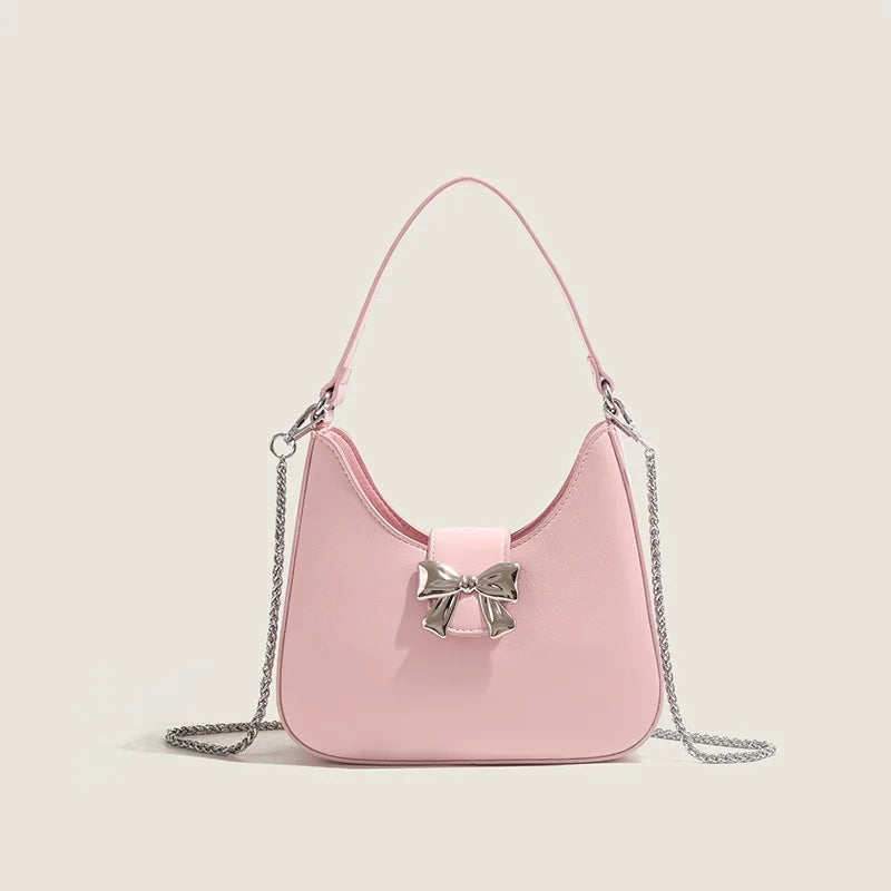 Fashion Bow Handbags Female 2024 New Chain Underarm Shoulder Bag Niche Designer Elegant Commuter Light Luxury Bolsas Mujer