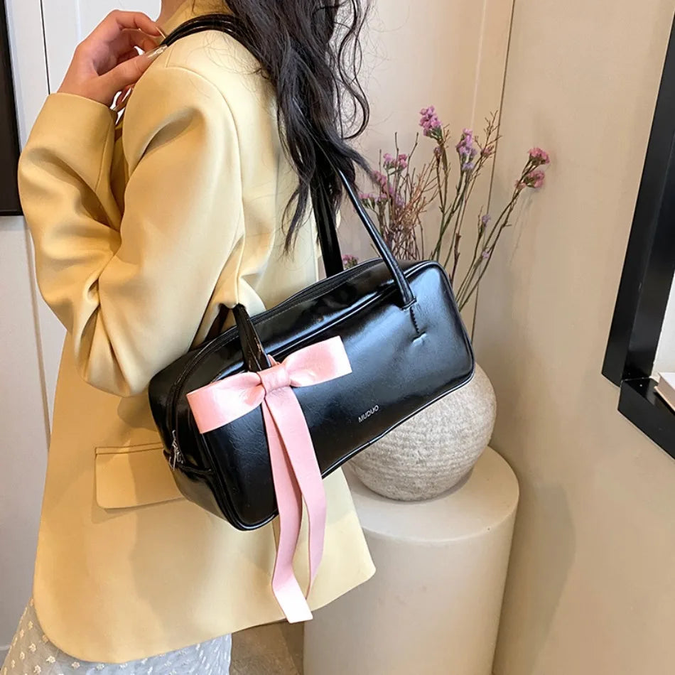 Fashion Bowknot Ribbon Women Handbag Female Casual Solid Color Soft PU Leather Hand Bags High-capacity Shoulder Bags Sac A Main