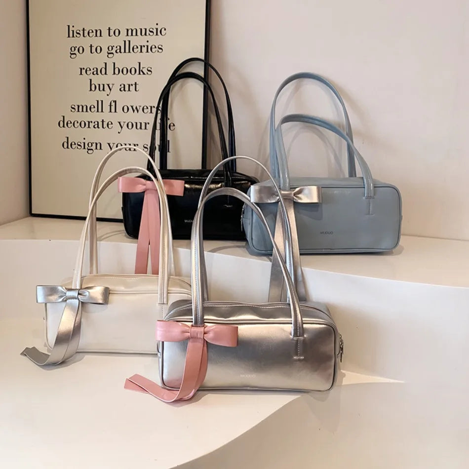 Fashion Bowknot Ribbon Women Handbag Female Casual Solid Color Soft PU Leather Hand Bags High-capacity Shoulder Bags Sac A Main
