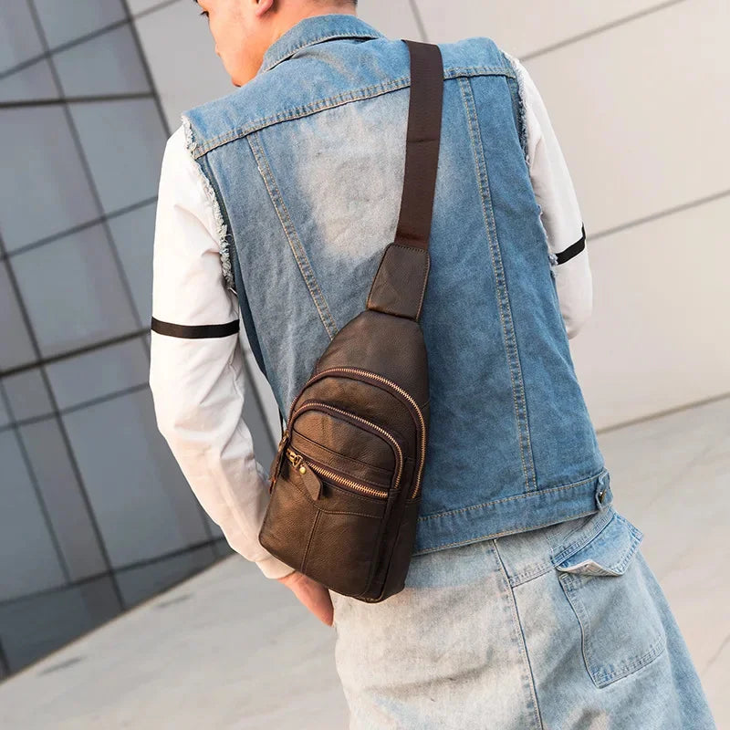Fashion Business MEN'S chest genuine leather crossbody male casual messenger large capacity sling bag