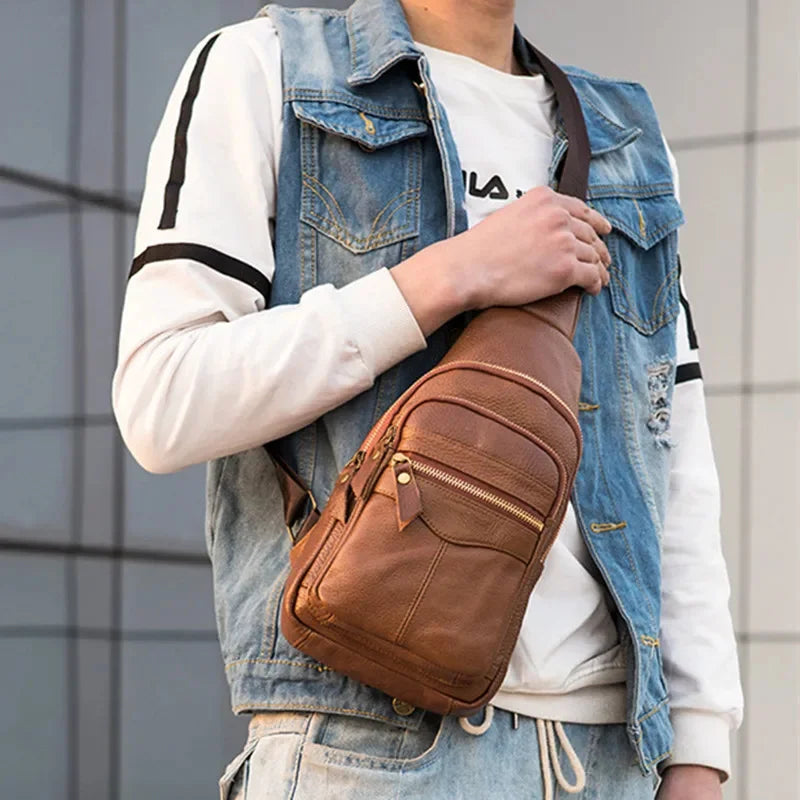 Fashion Business MEN'S chest genuine leather crossbody male casual messenger large capacity sling bag