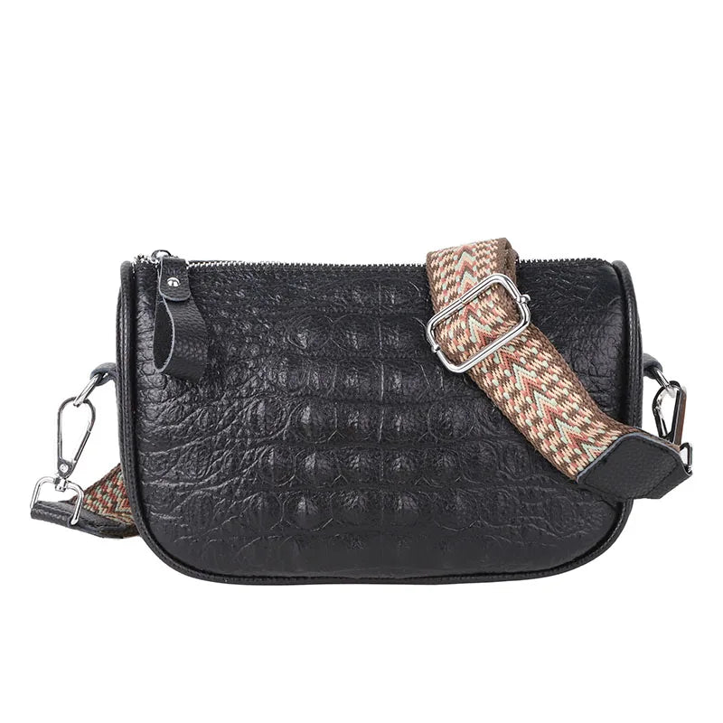Fashion Crocod Pattern Cow Leather Shoulder Bag Crossbody for Women Wide Shoulder Strap Lady Messenger Bag Luxury Ladies Handbag