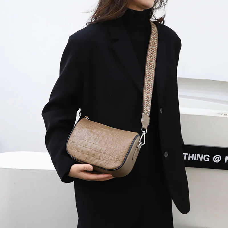 Fashion Crocod Pattern Cow Leather Shoulder Bag Crossbody for Women Wide Shoulder Strap Lady Messenger Bag Luxury Ladies Handbag