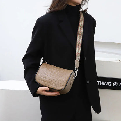Fashion Crocod Pattern Cow Leather Shoulder Bag Crossbody for Women Wide Shoulder Strap Lady Messenger Bag Luxury Ladies Handbag