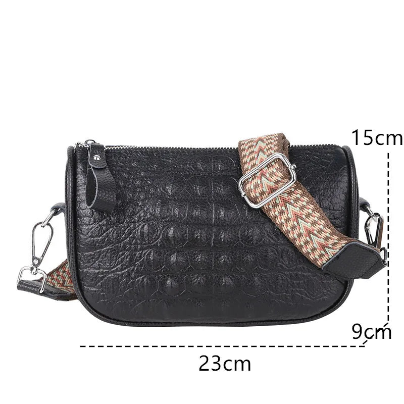 Fashion Crocod Pattern Cow Leather Shoulder Bag Crossbody for Women Wide Shoulder Strap Lady Messenger Bag Luxury Ladies Handbag
