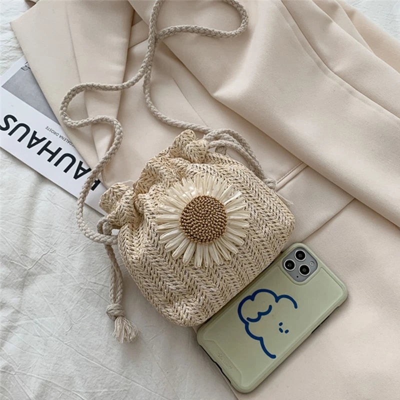 Fashion Crossbody Bag Drawstring Flower Bucket Bag Woven Straw Bag Summer Messenger Bag Shoulder Bag Handbags All-match
