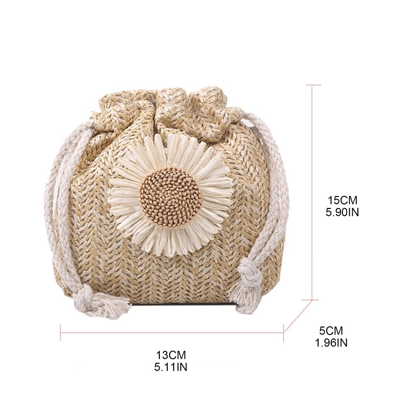 Fashion Crossbody Bag Drawstring Flower Bucket Bag Woven Straw Bag Summer Messenger Bag Shoulder Bag Handbags All-match