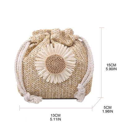 Fashion Crossbody Bag Drawstring Flower Bucket Bag Woven Straw Bag Summer Messenger Bag Shoulder Bag Handbags All-match