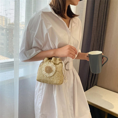Fashion Crossbody Bag Drawstring Flower Bucket Bag Woven Straw Bag Summer Messenger Bag Shoulder Bag Handbags All-match