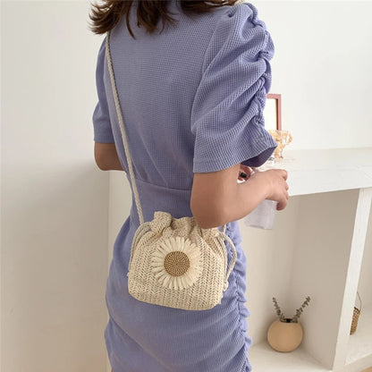Fashion Crossbody Bag Drawstring Flower Bucket Bag Woven Straw Bag Summer Messenger Bag Shoulder Bag Handbags All-match