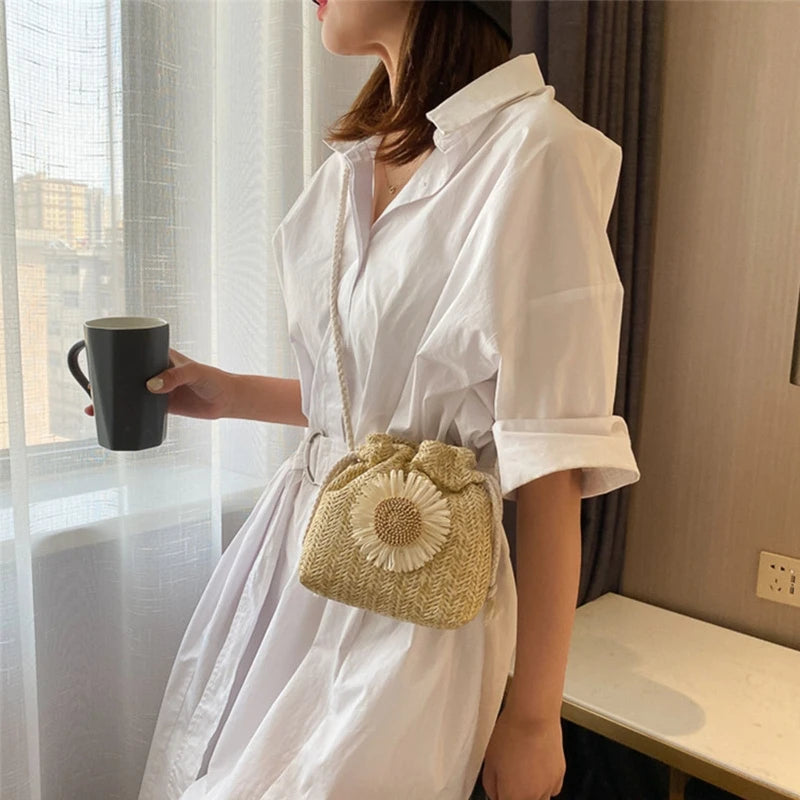 Fashion Crossbody Bag Drawstring Flower Bucket Bag Woven Straw Bag Summer Messenger Bag Shoulder Bag Handbags All-match