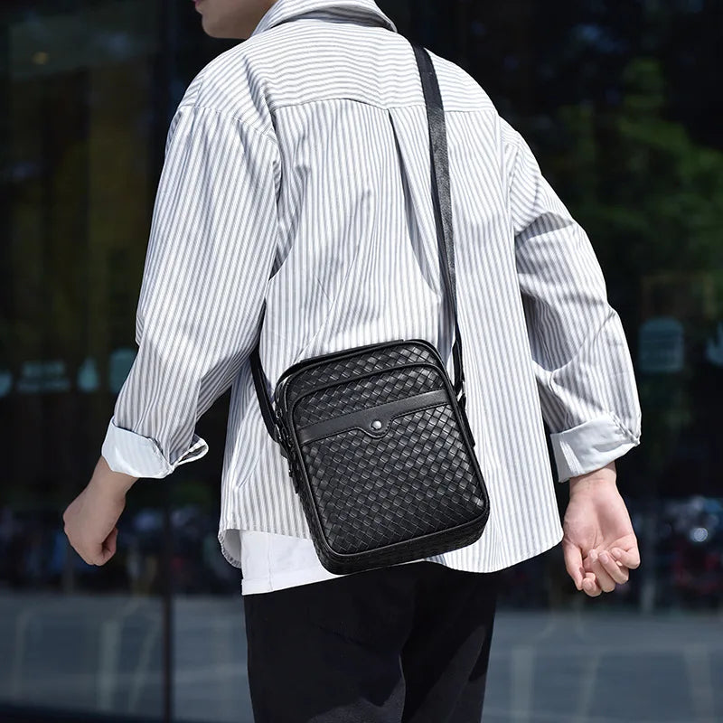 Fashion Diamond Lattice Woven Shoulder Bag Man's Bag Business Casual PU Leather Crossbody Bag Large Capacity