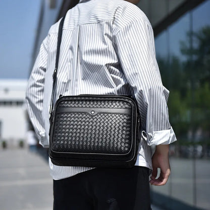 Fashion Diamond Lattice Woven Shoulder Bag Man's Bag Business Casual PU Leather Crossbody Bag Large Capacity