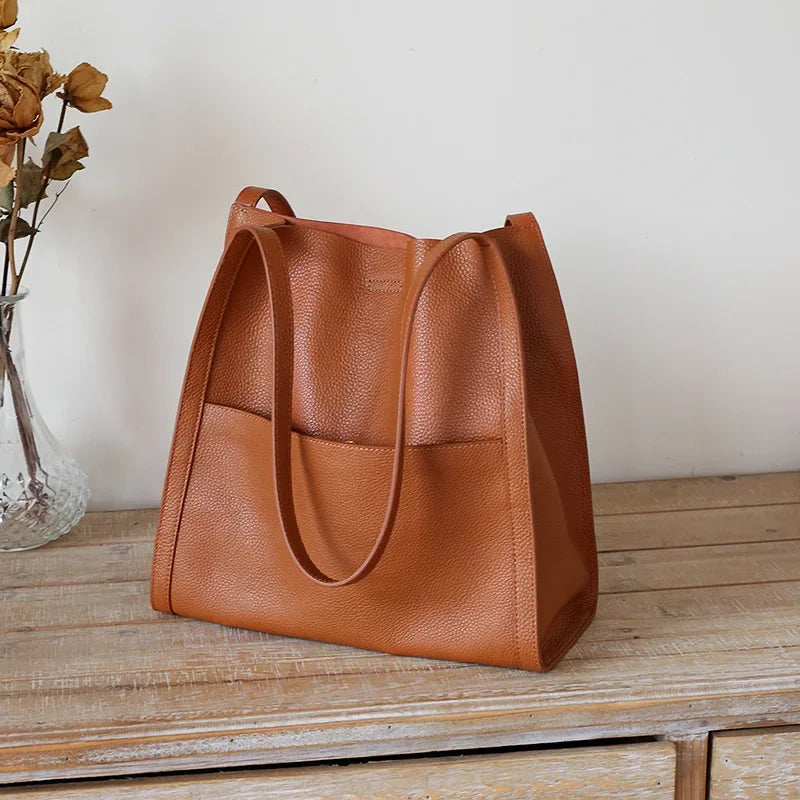 Fashion Elegant Commuter Tote Bags Women 2024 New All-match Large Capacity Shoulder Bag Simple Design Cowhide Leather Handbag