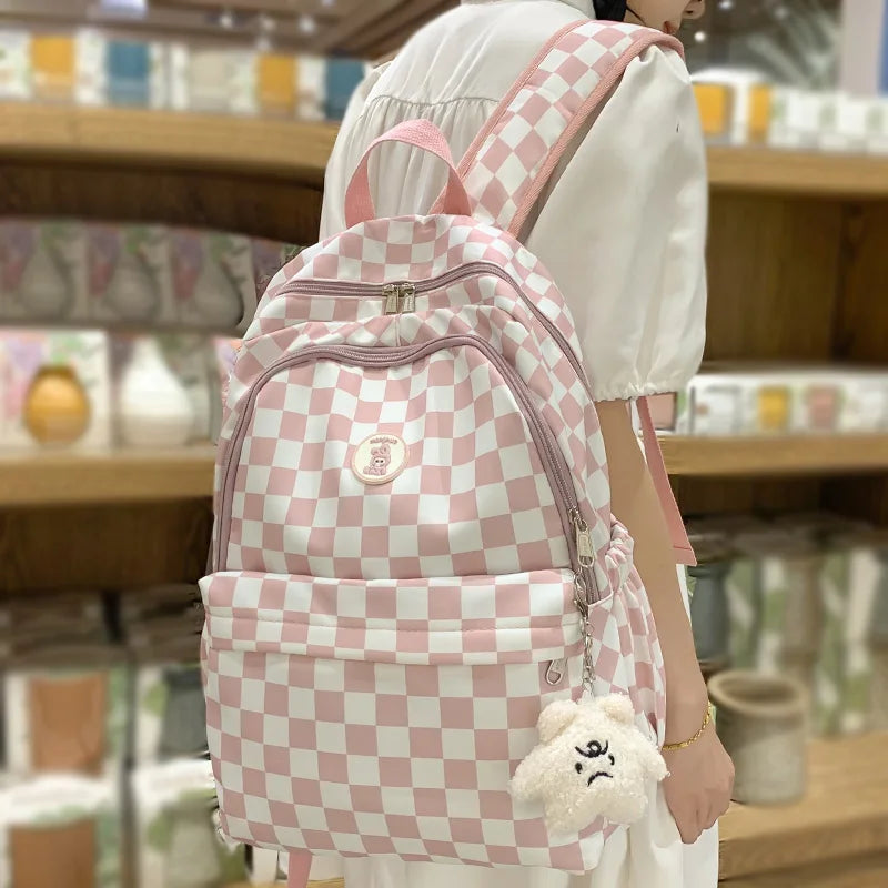 Fashion Female Waterproof Cute Plaid Travel School Bag Girl Laptop College Backpack Women Lattice Backpack Lady Leisure Book Bag