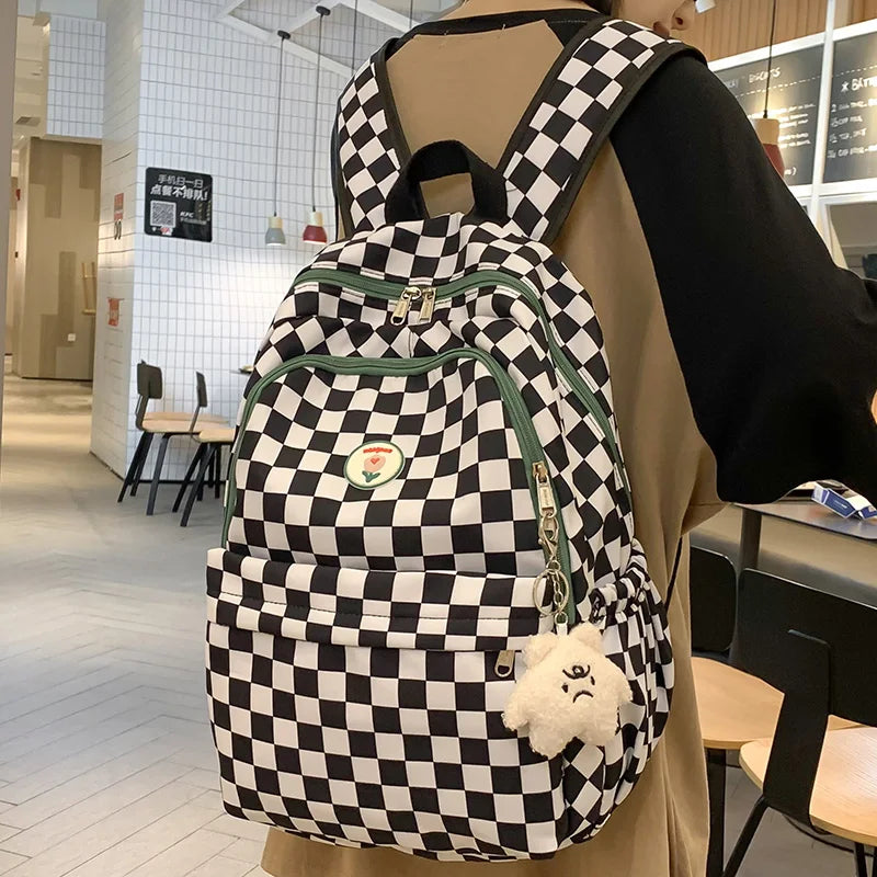 Fashion Female Waterproof Cute Plaid Travel School Bag Girl Laptop College Backpack Women Lattice Backpack Lady Leisure Book Bag