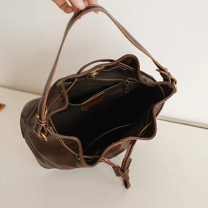 Fashion Genuine Leather Bucket Bag High-capacity Cowhide Crossbody Bag  2024 New Luxury Drawstring Handbags Designer Bolsos