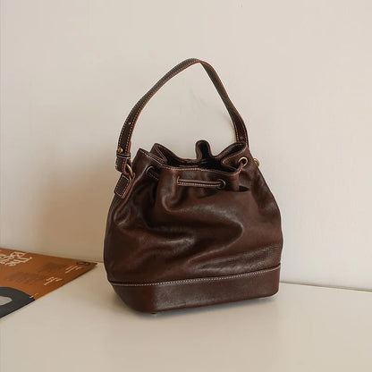 Fashion Genuine Leather Bucket Bag High-capacity Cowhide Crossbody Bag  2024 New Luxury Drawstring Handbags Designer Bolsos