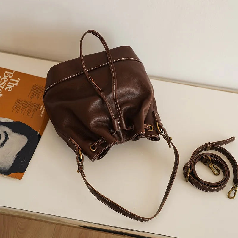 Fashion Genuine Leather Bucket Bag High-capacity Cowhide Crossbody Bag  2024 New Luxury Drawstring Handbags Designer Bolsos