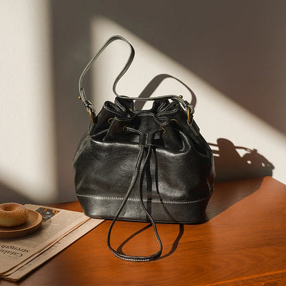 Fashion Genuine Leather Bucket Bag High-capacity Cowhide Crossbody Bag  2024 New Luxury Drawstring Handbags Designer Bolsos