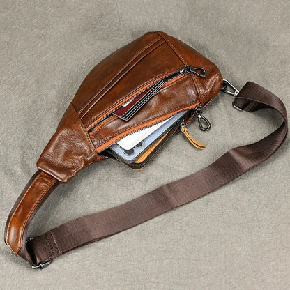 Fashion Genuine Leather Men's Chest Vintage Cowhide Male Shoulder Messenger Casual Crossbody Outdoor Sling Bag