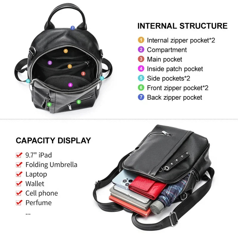 Fashion Genuine Leather Women's Large Capacity School Multifunction Feminina Shoulder Bag Casual Travel Backpack
