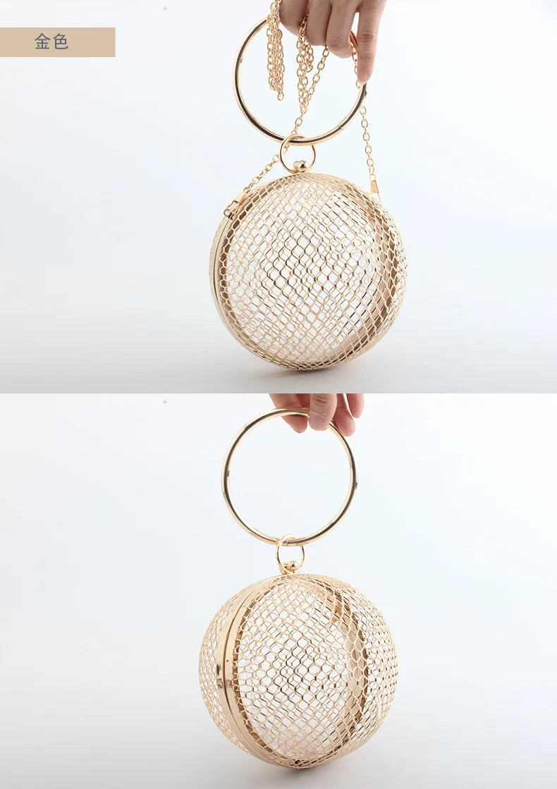 Fashion Girl Round Shape Clutches Bags Women Champagne Evening bag Party Cocktail clutch Bags Metal Clutch Handbag Purse wallet