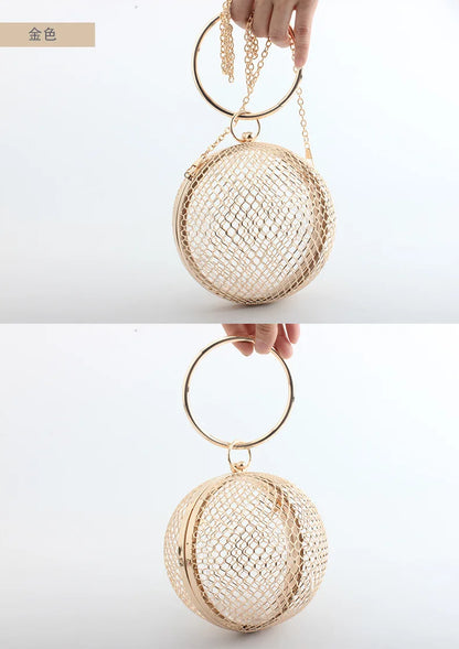 Fashion Girl Round Shape Clutches Bags Women Champagne Evening bag Party Cocktail clutch Bags Metal Clutch Handbag Purse wallet