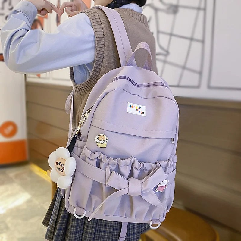 Fashion Girl Waterproof Cute Bow School Bag Trendy Ladies Cotton Backpack Women Kawaii Backpack Travel Female Laptop College Bag