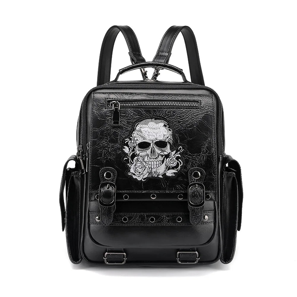 Fashion Gothic Style Women Skull Embroidery Punk Backpacks Female Travel Laptop Moto Bags