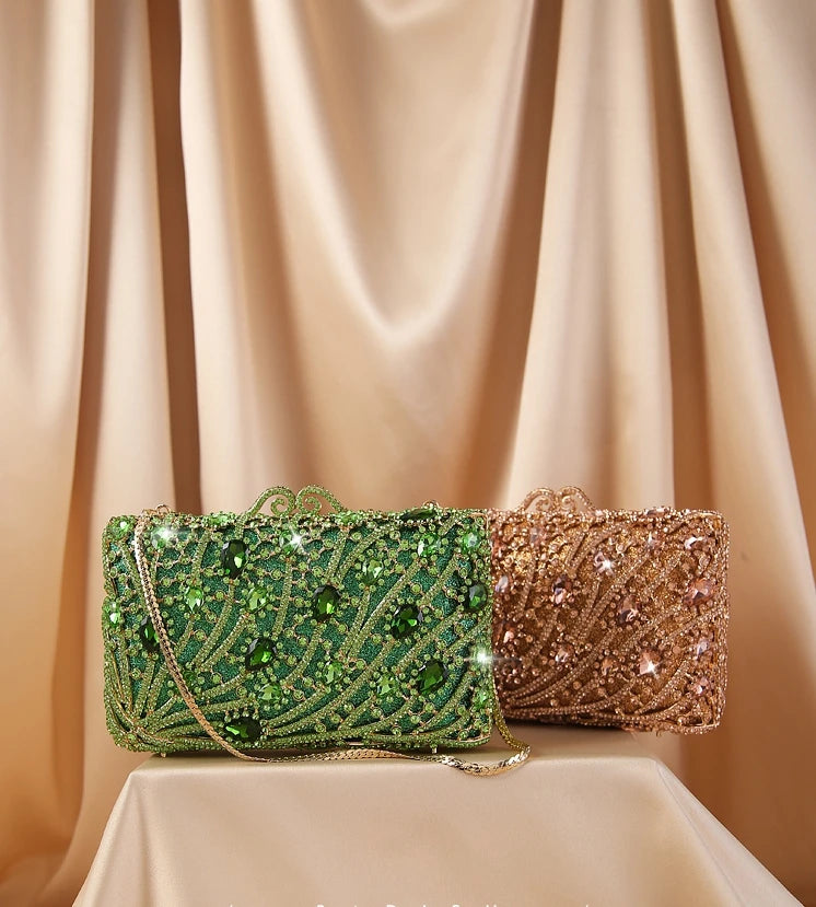 Fashion Green Crystal Diamond Women's Evening Clutch Bags Chain Party Purse Elegant Lady Shoulder Handbags Mini Prom Bag Mom Bag