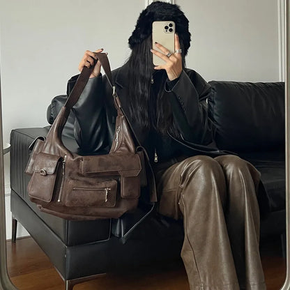 Fashion High Street Casual Versatile Crossbody Shoulder Bags Large Capacity Commuter Travel Bag Multi Pocket Biker Handbags