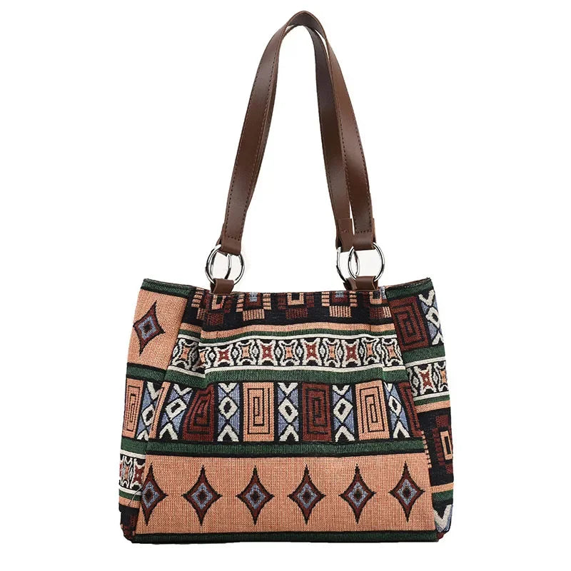 Fashion Large Capacity New Commuter Handbag, Ethnic Style Tote Bag, Striped Canvas Cosmetic Shoulder Bag