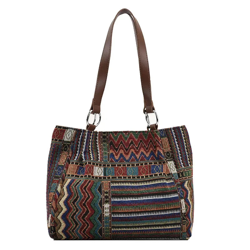 Fashion Large Capacity New Commuter Handbag, Ethnic Style Tote Bag, Striped Canvas Cosmetic Shoulder Bag