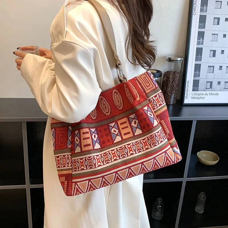 Fashion Large Capacity New Commuter Handbag, Ethnic Style Tote Bag, Striped Canvas Cosmetic Shoulder Bag