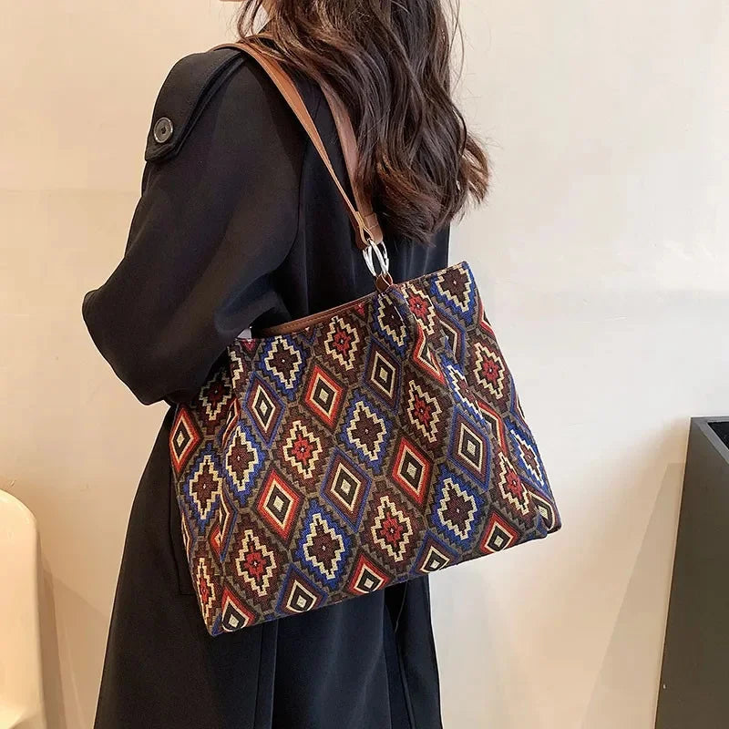 Fashion Large Capacity New Commuter Handbag, Ethnic Style Tote Bag, Striped Canvas Cosmetic Shoulder Bag