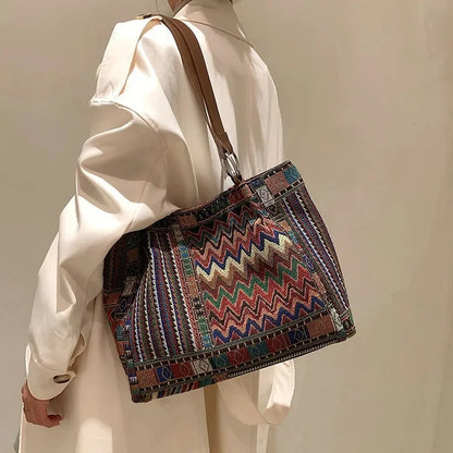 Fashion Large Capacity New Commuter Handbag, Ethnic Style Tote Bag, Striped Canvas Cosmetic Shoulder Bag
