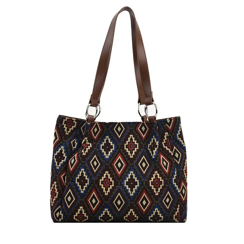 Fashion Large Capacity New Commuter Handbag, Ethnic Style Tote Bag, Striped Canvas Cosmetic Shoulder Bag
