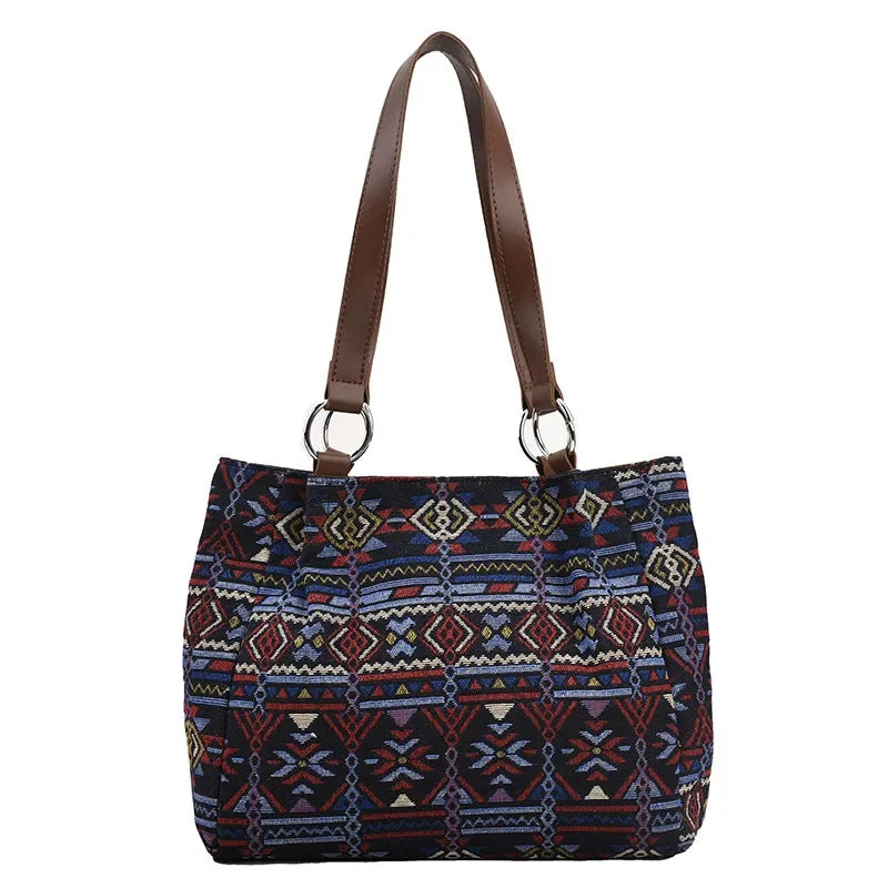 Fashion Large Capacity New Commuter Handbag, Ethnic Style Tote Bag, Striped Canvas Cosmetic Shoulder Bag