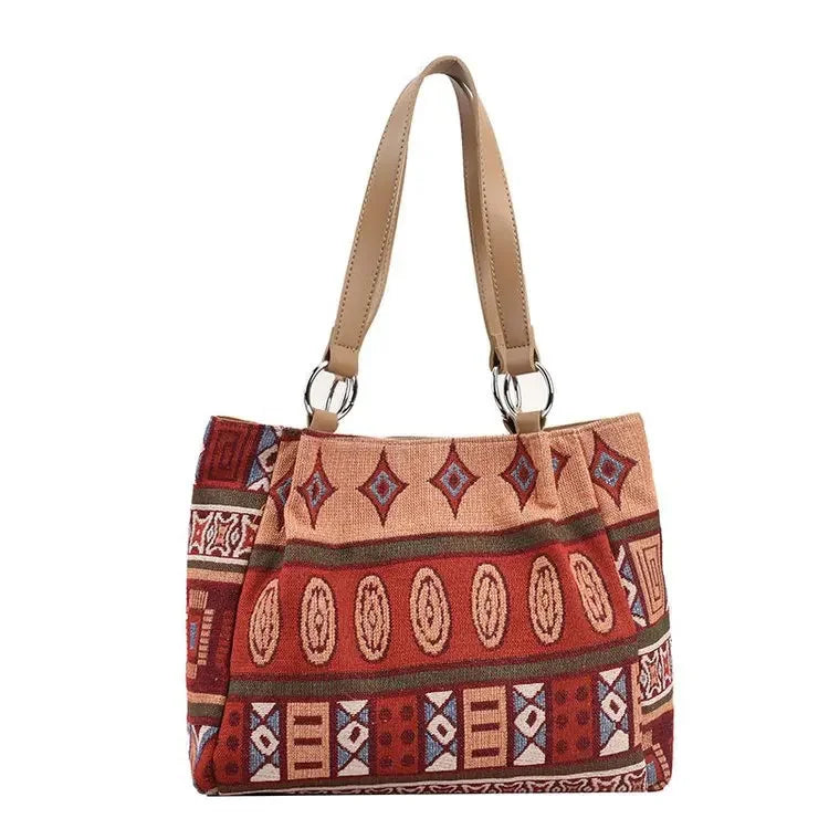 Fashion Large Capacity New Commuter Handbag, Ethnic Style Tote Bag, Striped Canvas Cosmetic Shoulder Bag