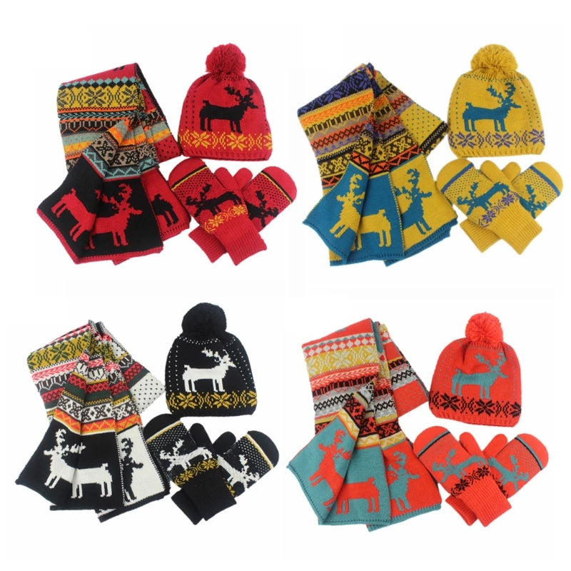 Fashion Men Knitted Beanie Hats Gloves Scarf 3pcs Suit Cartoon Warmth Hats Adults Winter Hat for Women Teens Student