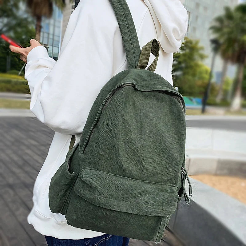 Fashion Men Women Green Canvas Vintage School Backpack - Thumbnail 2