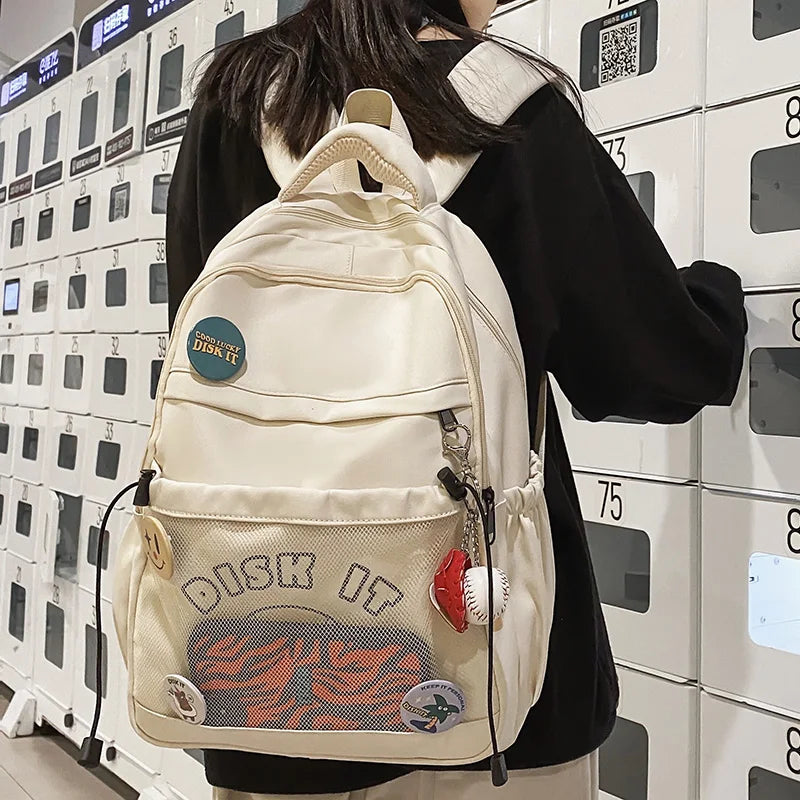 Fashion Men Women Mesh Travel Badge Waterproof Book Bag Cool Female Laptop Lady Net College Backpack Boy Girl Leisure School Bag