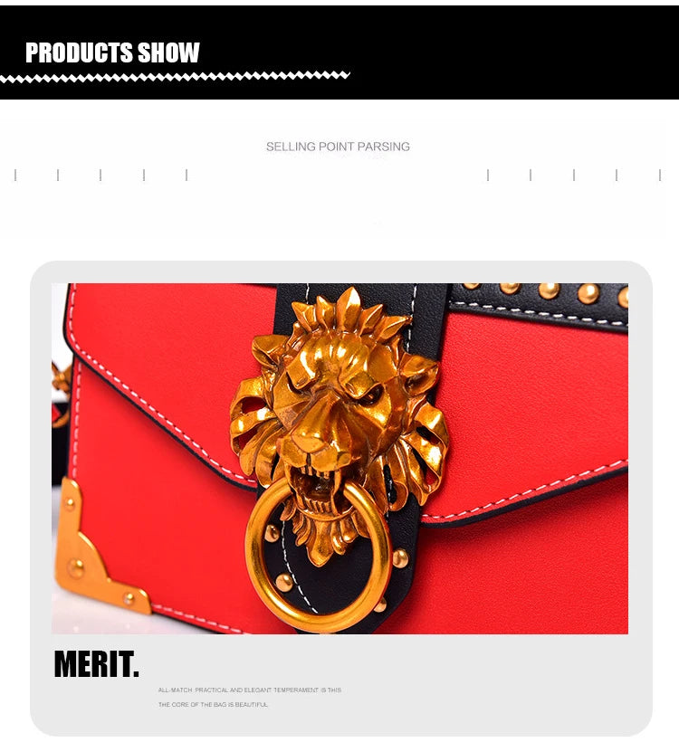 Fashion Metal Lion Handbags Crossbody Bags Women Metal Lion Head Brand Rivet Shoulder Purse Mini Square Messenger Bag
