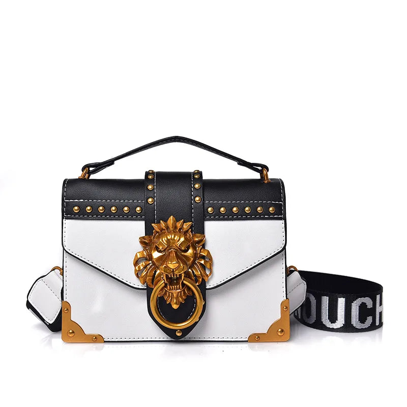 Fashion Metal Lion Handbags Crossbody Bags Women Metal Lion Head Brand Rivet Shoulder Purse Mini Square Messenger Bag