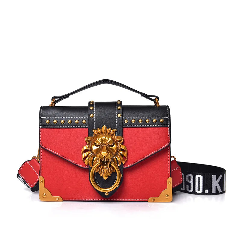 Fashion Metal Lion Handbags Crossbody Bags Women Metal Lion Head Brand Rivet Shoulder Purse Mini Square Messenger Bag