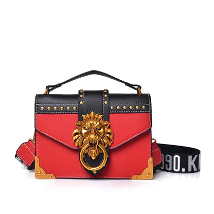 Fashion Metal Lion Handbags Crossbody Bags Women Metal Lion Head Brand Rivet Shoulder Purse Mini Square Messenger Bag